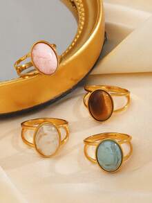 1 pieza Anillo ovalado abierto geométrico con incrustaciones de resina, de acero inoxidable y estilo minimalista, adecuado para uso diario y de fiesta de mujeres - Multicolor - Ver 4