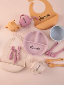 9PCS Personalized Customization Name Baby Silicone Tableware Dinner Sets Mini Utensils Suction Plate Bowl Sippy Cup Portable Spoon Fork Adjustable Bib, Baby Shower Gift, Self-Feeding Set - Multicolor - View 3