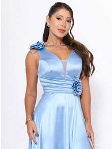 Long Satin Bridesmaid Dress With Flower Detail - Màu xanh thanh bình - Xem 2