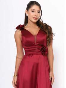 Long Satin Bridesmaid Dress With Flower Detail - Redwood - View 4