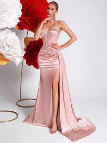 ADYCE Vestido largo de fiesta, de noche, formal y para invitados de boda, con abertura, cintura alta, sin mangas y con detalles de strass, con lazo en la espalda - Rosa Pálido - Ver 9