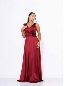 Long Satin Bridesmaid Dress With Flower Detail - Redwood - View 2
