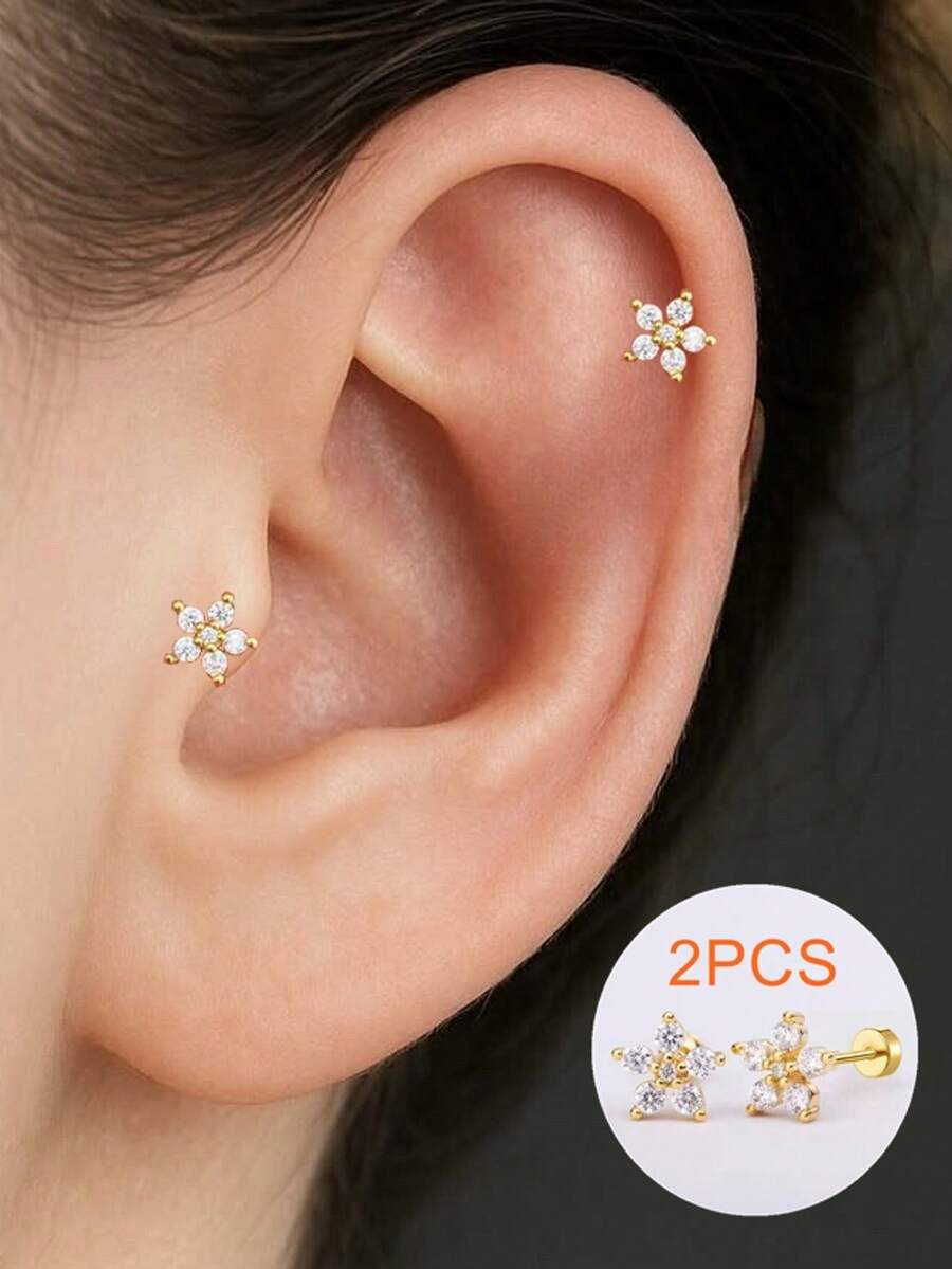 2 件/6 件心形耳钉，5A 金色锆石花朵耳钉，螺丝后鼻骨耳钉，精致珠宝礼物，适合女性 - 心形1# - 查看 1