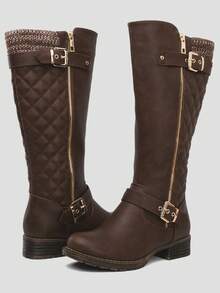 GLOBALWIN Women's Quilted Knee-High Fashion Dressy Riding Boots Fall Boots Holiday Season Winter Boots - 棕色 - 查看 3