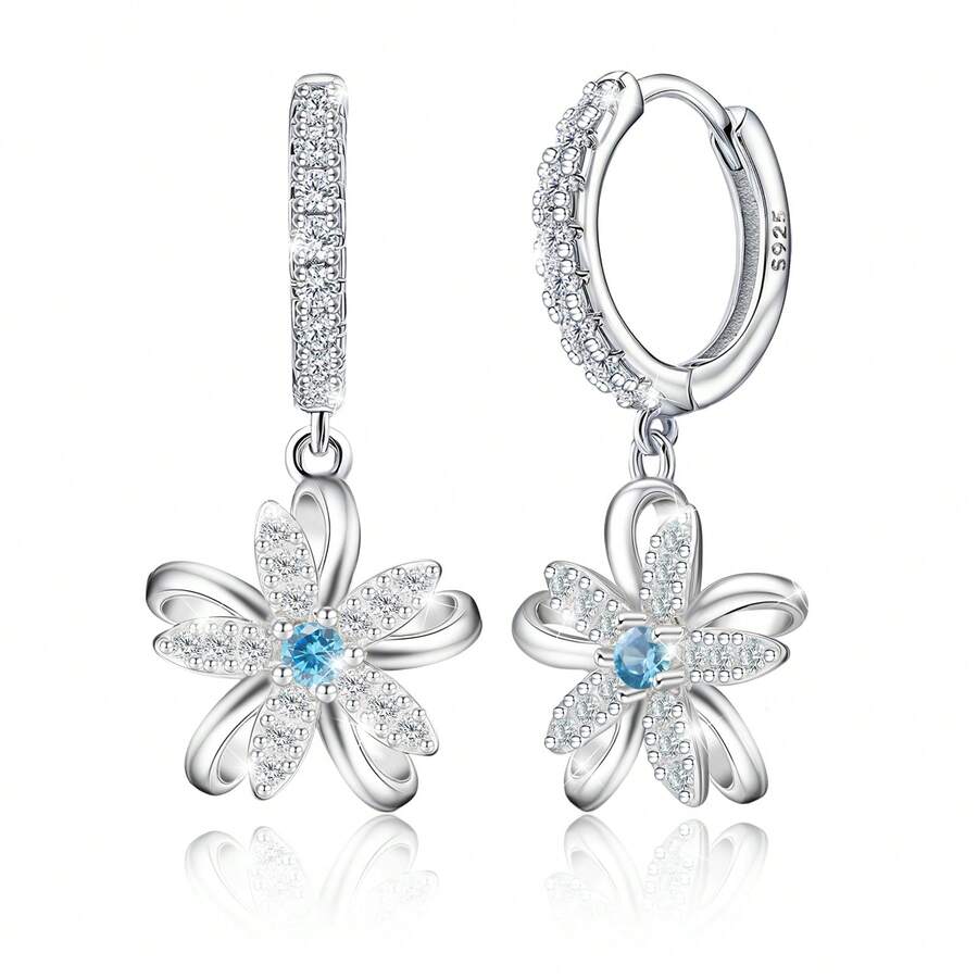 银色方晶锆石花朵耳坠，优雅日常佩戴珠宝，生日礼物 - 銀色 - 查看 1