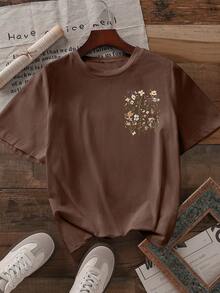Howell Versatile Fashion Printed Short Sleeve T-Shirt, Women's Casual Charming Floral Pattern Round Neck Printed T-Shirt, Women's Top Vacation Summer - Brown - View 3