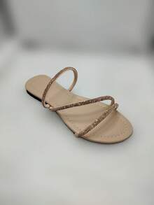 Women's Flat Sandals For Day To Day With Comfortable Rhinestone Straps - Rose Z - View 2