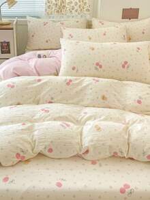 3/4pcs Ditsy Floral Bow Kitty Bedding Set (1*Duvet Cover + 1*Bed Sheet + 1/2*Pillowcase) Cherry Blossom Ditsy Floral, Cartoon Line Bear Print, Fashion Pattern, Soft Touch, Skin-Friendly Fabric, Machine Washable, Suitable For All Seasons, Duvet Cover & Pillowcase Without Filler - Multicolor - View 21