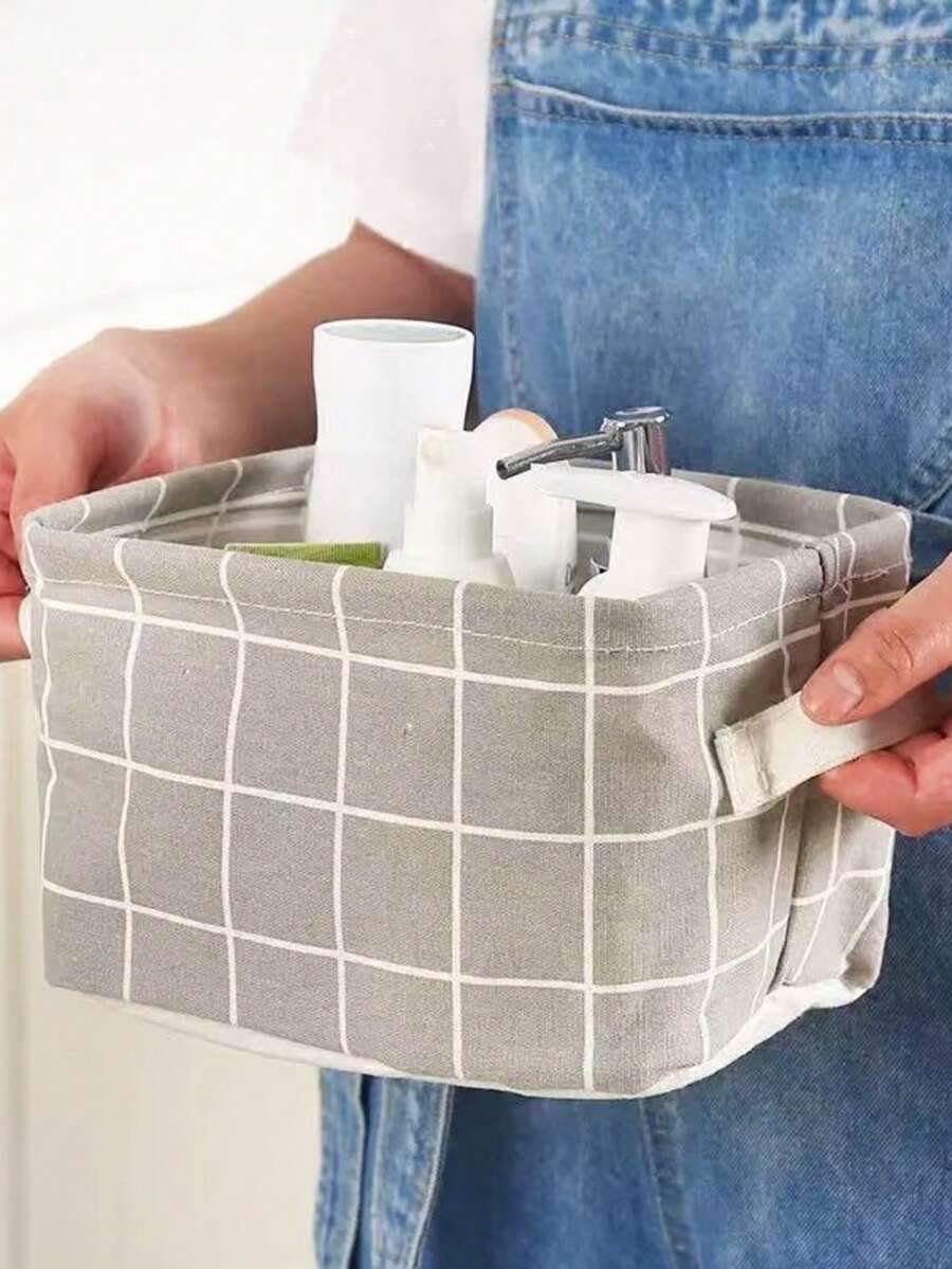 1 pieza Cesta/Bolsa de almacenamiento de lino plegable y de moda creativa para el hogar, organizador portátil impermeable para lavandería/baño/escritorio de oficina, decoración de dormitorio, vuelta a la escuela