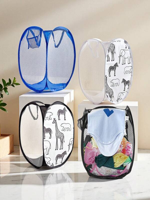 1pc Foldable Cartoon Net Mesh Laundry Basket, 3-Sided Breathable Dirty Clothes Storage Basket, Suitable For Nursery, Dorm, Bathroom, Random Print Design