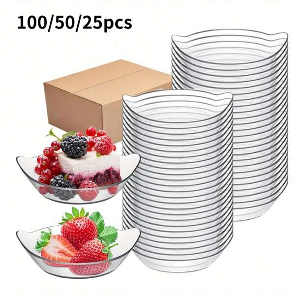 100/50/25pcs Ingot-Shaped Mini Appetizer Plates, Sauce Dishes, Dessert Plates, Stackable Design For Easy Storage, Portability & Cleaning, Made Of Polystyrene (PS), Reusable, Suitable For Cakes, Puddings, Jelly & Hors D'oeuvres - Perfect For Weddings, Parties, Birthday Treats, Dessert Display, Outdoor Dining, Catering Essentials