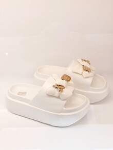 Revreal Black Platform Slides With Bow Accent Cute Basic Beach Casual Leisure Outdoor - White - View 2