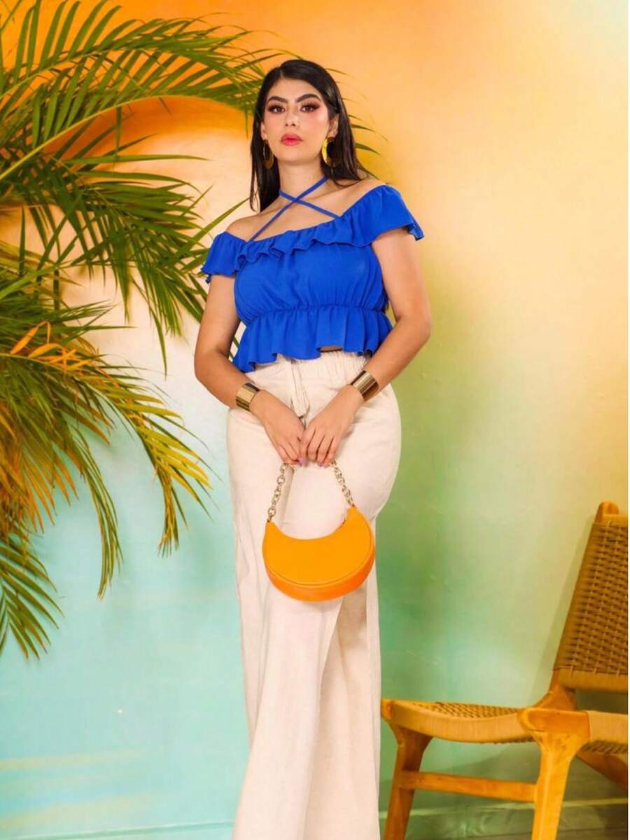 Blusa dama mujer lisa volantes olan hombros peplum amarre moños - Azul - Ver 1