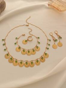 1 Set Elegant Luxurious Gold-Plated Copper Alloy Green Rhinestone Embedded Coin Tassel Necklace, Bracelet, Earrings & Ring Jewelry Set, Suitable For Women's Daily Wear And Holiday Gift - Yellow Gold - View 2