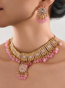 Set de 3 piezas de joyería estilo bohemio con Brillo y Gracia: Collar, pendientes de flor con strass y colgante con cuentas y borlas, y gargantilla; adecuado para bodas, banquetes, fiestas, uso diario y como regalo de joyería de vacaciones para chicas