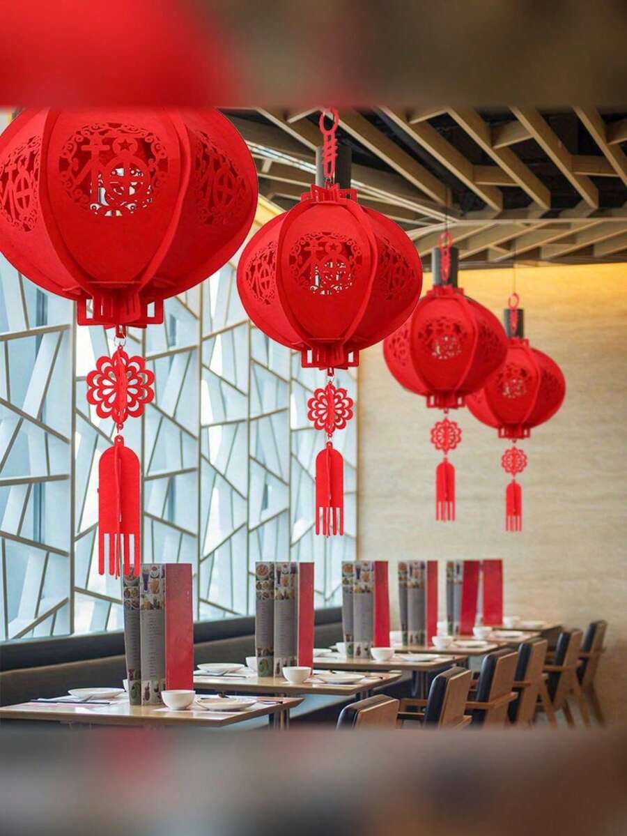 1/3 中国新年灯笼,红色中国灯笼,2025 新年庆祝装饰,带小灯笼,春节红灯笼,新年装饰和吉祥吊坠 - 彩色 - 查看 1