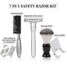 Adjustable Safety Razor Shaving Kit - Including 10pcs Double Edge Blades & 2pcs Safety Blade Caps, Shaving Brush & Razor Cleaning Brush, Shaver Holder, Smooth And Close Shave - 7 In 1 Shaver Set, Perfect Gift For Father Day & Boyfriend