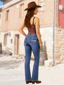 GIOVALI JEANS Jeans Boot Cut Vaqueros Bordado Mezclilla Ajustado Push Up. - Azul lavado medio - Ver 3