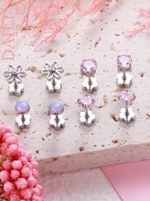 DAILI 4 pares de brincos fofos feitos à mão com a parte traseira lisa para mulheres, hipoalergênicos, em aço inoxidável, ouro 14k, opala, zircônia cúbica, flor, coração, cartilagem, brincos para pele sensível, 20g, brincos de zircônia cúbica rosa e prata
