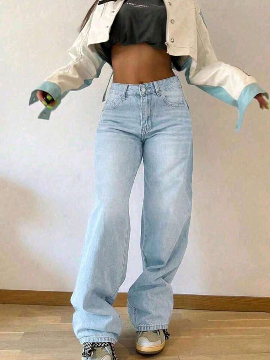 Girl's Fashionable High Waist Straight Leg Casual Jeans, Versatile For Outing