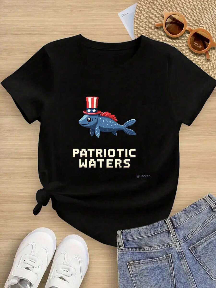Tween Girls/Boys 4th Of July Clothes, Patriotic Cotton T-Shirt, Black Casual Tee With Fish And Americana Elements, Perfect For Independence Day And Summer Celebrations, Great Gift For 4th Of July. ,Boys&Girls Summer Outfit.Shirts For TeensSummer Tops For Kids - Black - View 1