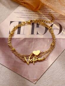 1Set Customized Name Anklet, Stainless Steel Chain Multi-Layer Stackable Anklet With Heart Shaped Pendant, Fashionable Bohemian Style Anklet Gift For Women, Suitable For Daily Wear, Celebration, Beach, Wedding, Music Festival, Mother's Day, Christmas And Other Occasions