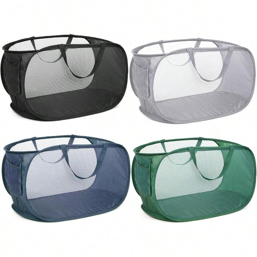 Hkr6485 4 Pack Durable Collapsible Laundry Baskets Mesh Foldable Laundry Basket Pop Up Laundry Hamper With Pocket Clothes Hamper With Reinforced Handles For Laundry Bathroom Room Dorm Or Travel - Gray+Black+Navy+Green-PopHorizontal - View 1