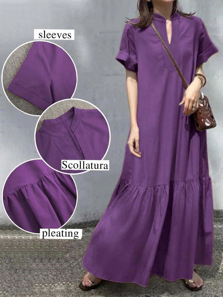 Spring/Summer New Fashion Casual Stand Collar Short Sleeve V-Neck Open Front Loose Maxi Dress For Women Elegant