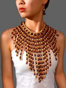 Conjunto de Colar e Brincos Tecido de Contas de Madeira Feito à Mão, Conjunto de Joias de Colar Bib Boho Declarativo para Mulheres, Festa de Férias na Praia