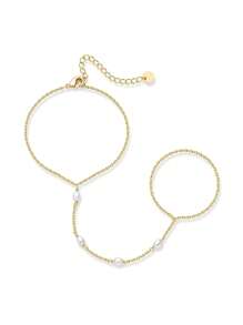 TUANZISP 1pc Adjustable Copper Plated Finger Chain Bracelet, Decorated With Faux Pearl And Cubic Zirconia, Elegant Style Suitable For Daily Wear, Fashionable And Luxury Women Jewelry Gift For Birthday, Valentine's Day