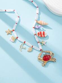 1 pieza Collar con colgante hecho a mano con conchas marinas, estrellas de mar y cangrejo, inspirado en el océano veraniego, joyería de estilo tropical para mujer, accesorio de regalo ideal para vacaciones