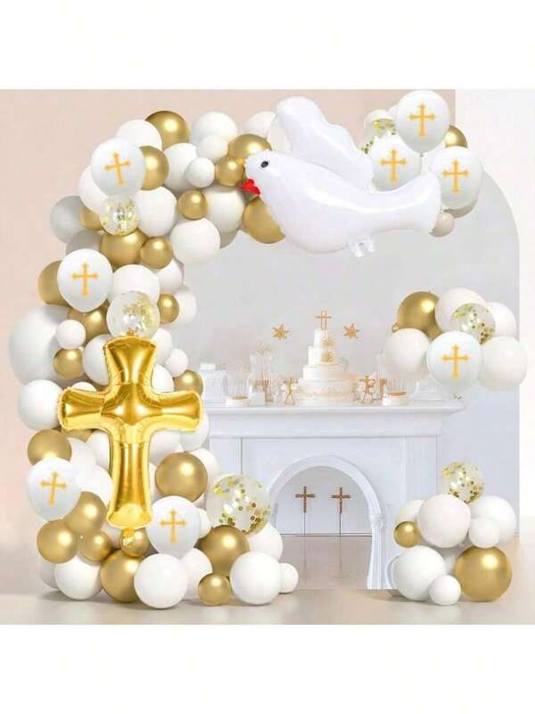 Kit de arco de guirnalda de globos para Primera Comunión de 144 piezas, globos blancos y dorados con globo de cruz para decoraciones de Primera Comunión, decoraciones para bautizo, y bodas con la bendición de Dios