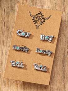 Set de 3 pares de pendientes tipo macho con cabeza de vaca, decorados con piedra de turquesa azul, en estilo occidental