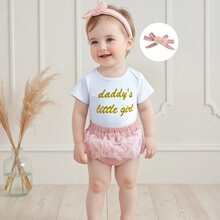 Newborn Baby Girl Daddys Girl Outfit Short Sleeve Romper Tulle Pant Cute Flower Headband 3Pcs Coming Home Outfits Clothes Set - Daddys Little Girl - 查看 1