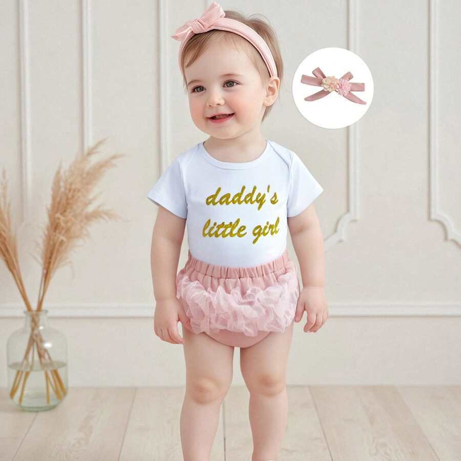 Newborn Baby Girl Daddys Girl Outfit Short Sleeve Romper Tulle Pant Cute Flower Headband 3Pcs Coming Home Outfits Clothes Set - Daddys Little Girl - 查看 1