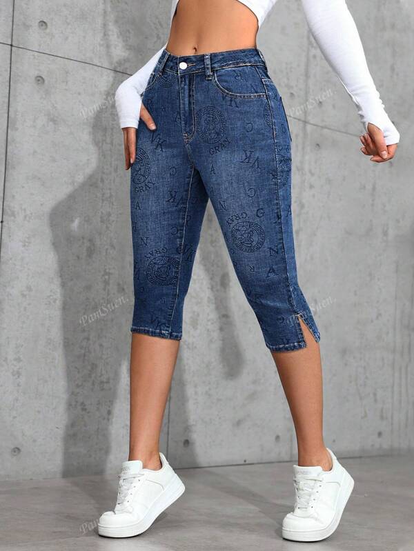 Women's Casual Elegant Print Full-Length Straight-Leg Denim Jeans With Buttons And Pockets