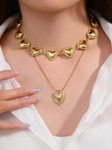 2er Set Halskette mit Edelstahl, goldplattierter Muschel, Niet Herz, Blume, Stern, Kreuz, Kunstperle, handgefertigt, für Damen geeignet für Alltag, Strand, Party, Urlaub, als Geschenk für Freunde