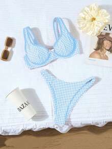 Bộ bikini 2 mảnh mới dành cho nữ, kiểu dáng hở lưng, in họa tiết hoa nhí với trang trí kim loại, thích hợp cho kỳ nghỉ hè ở bãi biển. - Màu xanh nhạt - Xem 2