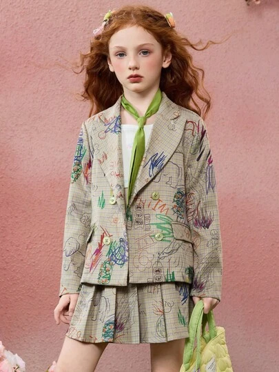 ASK JUNIOR 2件套青少年女孩时尚涂鸦设计双排扣西装外套和百褶裙套装