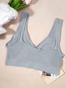 1pc Plus Size Women Breathable Mesh Hollow Out Wirefree Bra, Comfortable Lingerie