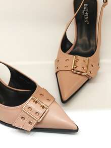 RevReaL Pointed Toe Slingback Heels With Double Buckle Detail - Minimalist Chic Pumps - Beige - View 3