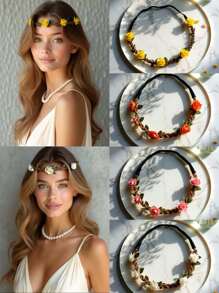 Halloween Decoration Garland, Handmade Simulation Flower Wreath Seaside Vacation Wreath, Girl's Flower Wreath Headwear, Multiple Colors To Choose From, Including Red, Pink, And Blue Flower Garlands, Wreath Fake/Artificial Flower, Bride's Flower Wreath Headwear, Bohemian Hair Accessories, Forest Style Decorations, Super Fairy Korean Sweet Accessories,