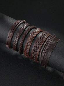 6pcs European & American Style Multi-Layer Leather Braided Bracelet Set, Simple & Fashion Accessory Suitable For Daily Wear, Gift For Friends And Family (Random Color & Design)