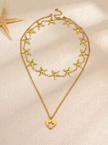 2er Set Halskette mit Edelstahl, goldplattierter Muschel, Niet Herz, Blume, Stern, Kreuz, Kunstperle, handgefertigt, für Damen geeignet für Alltag, Strand, Party, Urlaub, als Geschenk für Freunde