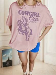 T-shirt da donna con stampa personalizzata a lettere, stile occidentale, scollo tondo, adatta per l'estate e vacanze. Top donna bianco e rosa con grafica