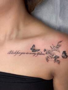 1pc Washable Waterproof Sweat-Proof Non-Reflective Artistic Rose, Butterfly, English Letter, Inspirational Temporary Tattoo, Romantic Clavicle Design, Suitable For Fashionable Daily Use - Black - View 5