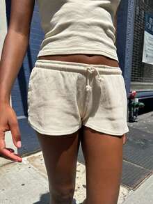 Womens Drawstring Shorts Casual Elastic Low Waist Solid Color Lounge Shorts Going Out Pants - Apricot - View 3