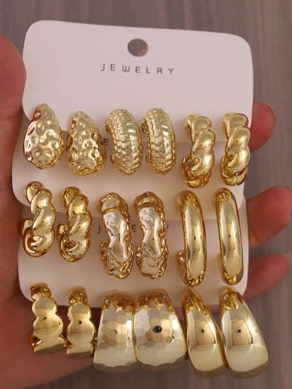 9pcs Set Fashionable Simple Gold CCB Exaggerated C-Shaped Water Drop Personalized Earrings
