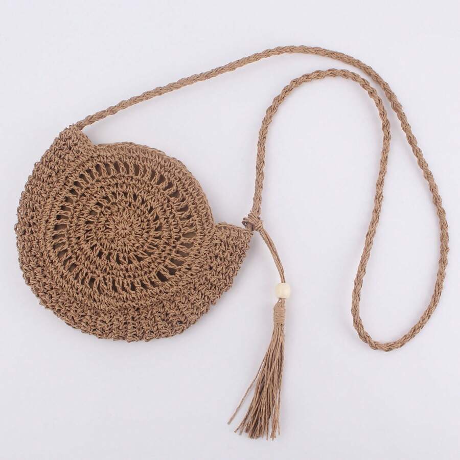 Women Crochet Round Straw Beach Bag With Tassel Handmade Crossbody Shoulder Bag - 棕色 - 查看 1