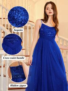 Teen Girl Gold Sequin Tulle Easter Dress, Elegant Princess Party Gown, Suitable For Girl Birthday Party, Wedding, Bridesmaid, Prom, Festival Celebration - Màu xanh lam - Xem 3